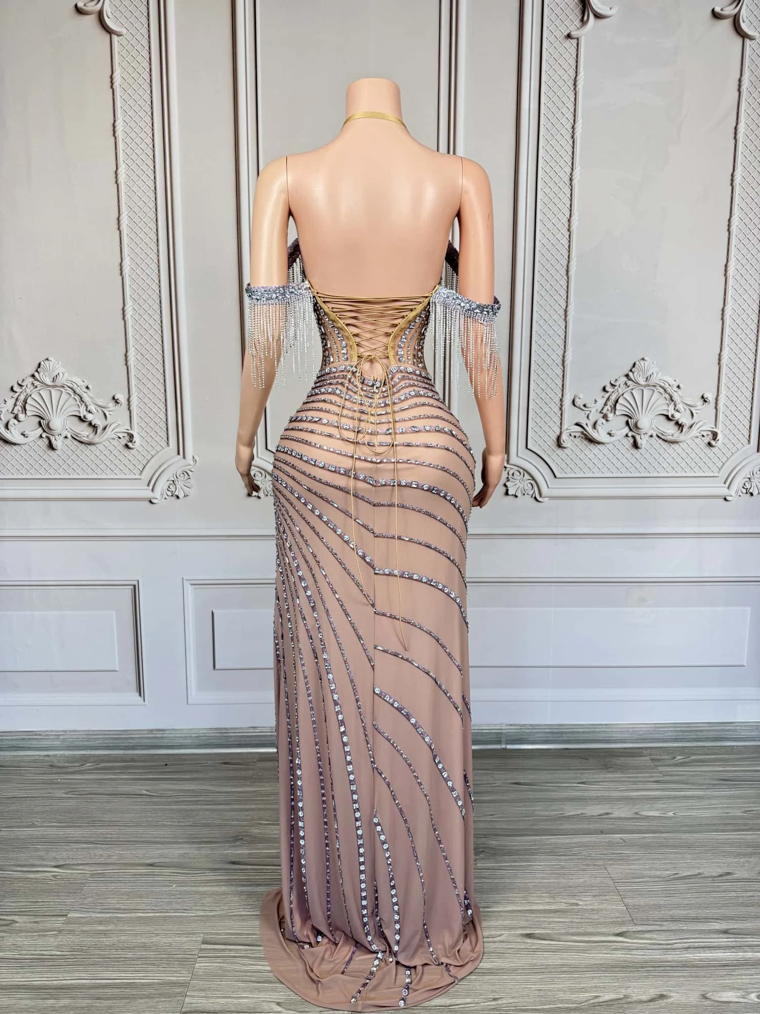 Gorgeous Rhinestone Fashionable Evening Dress Sexy off Shoulder Slit Dress Birthday Wedding Banquet Party Celebrity Dress saidao
