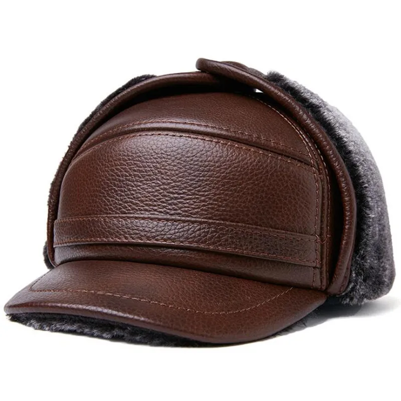 New Winter Natural Genuine Leather Caps For Men Cowhide Bomber Hats Warm Plush Thickened Earmuffs Hats Men's Windproof Ski Hat