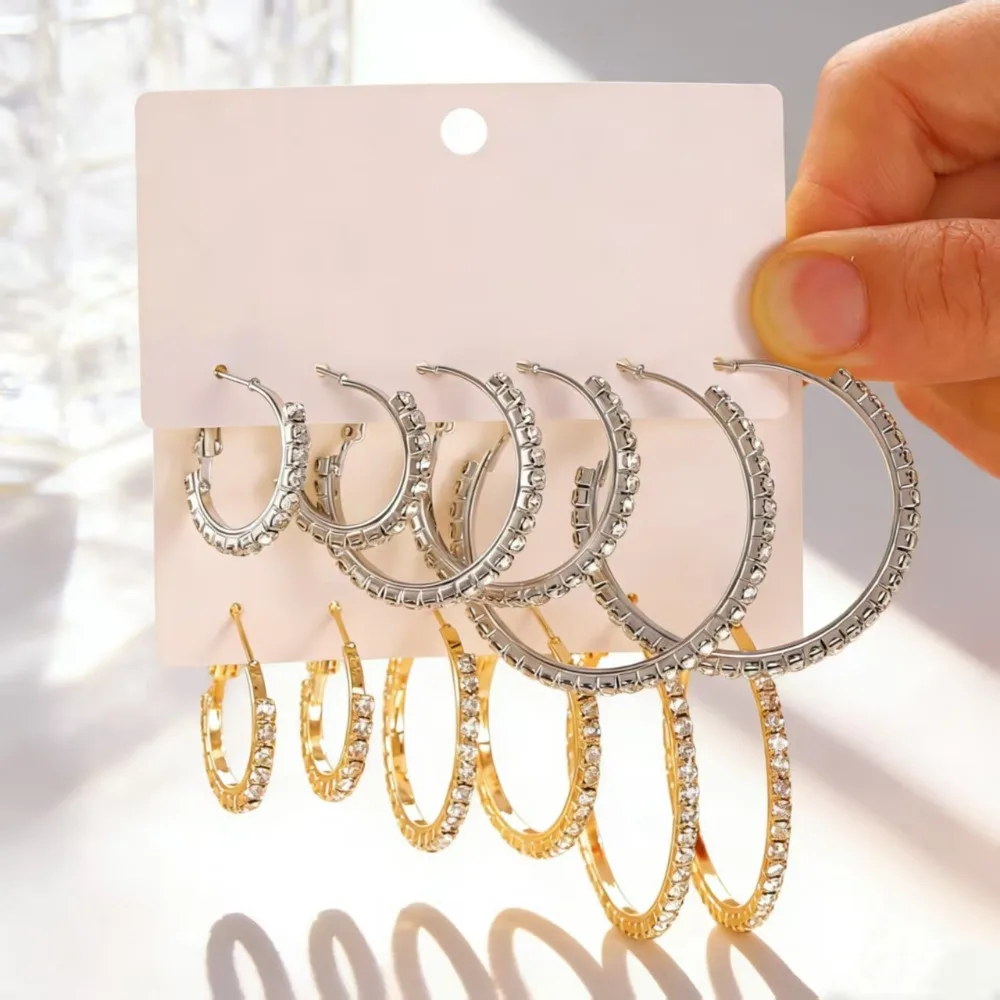 3 Pairs Simple Sparkling Zircon Hoop Earrings Set Multiple Sizes Hoop Earrings for Women Fashion Party Daily Wear Jewelry Sets