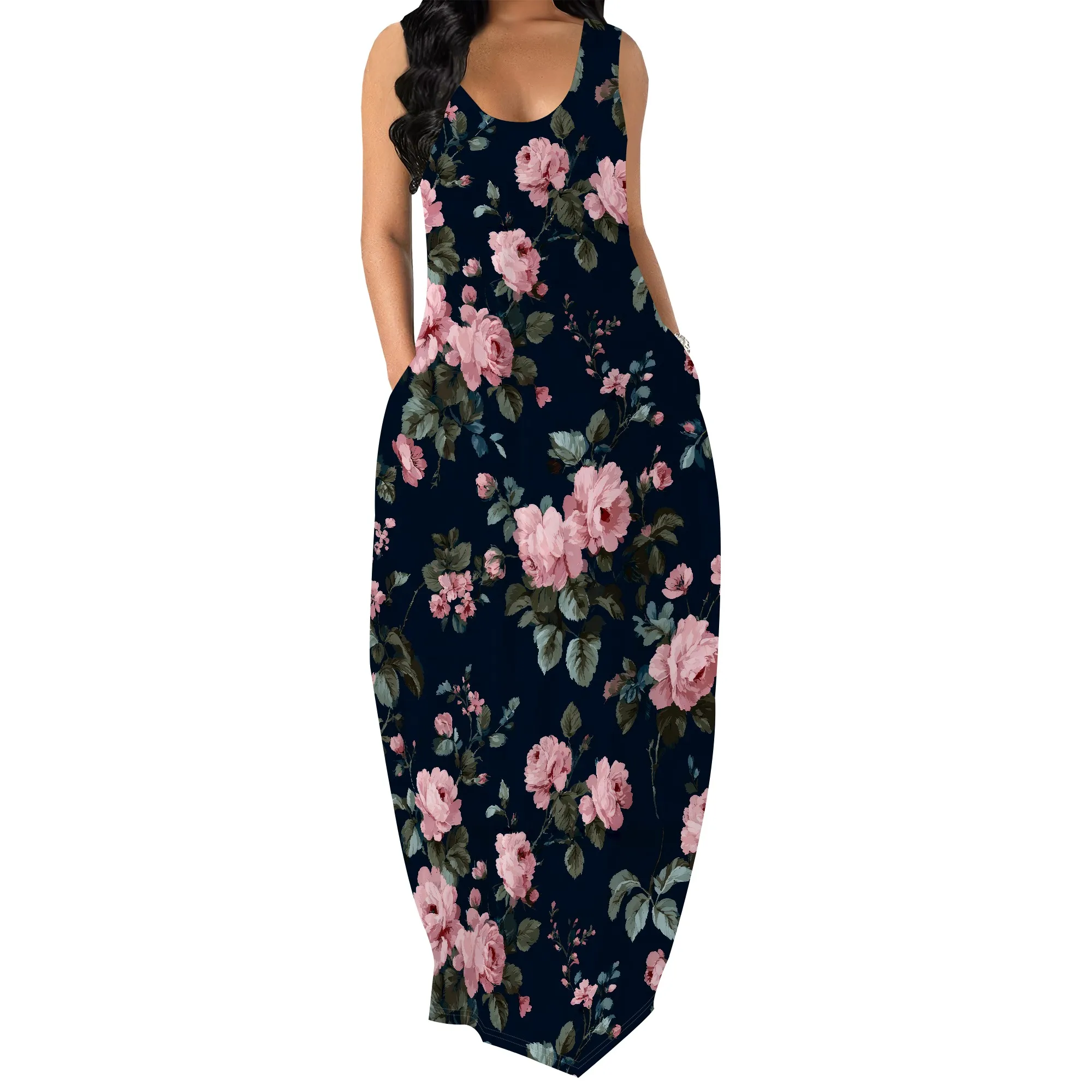 Vestido feminino de verão estilo 2025 - Tamanho grande, estampa floral estampada, vestido sem mangas, vestido longo casual e fluindo