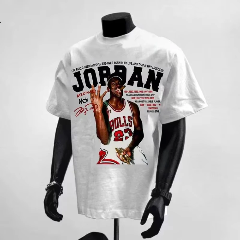 2026 Summer Michael Jordan Bulls 23 Championship Portrait Graphic White T-Shirt Unisex Oversized Y2K Streetwear Cotton Tee
