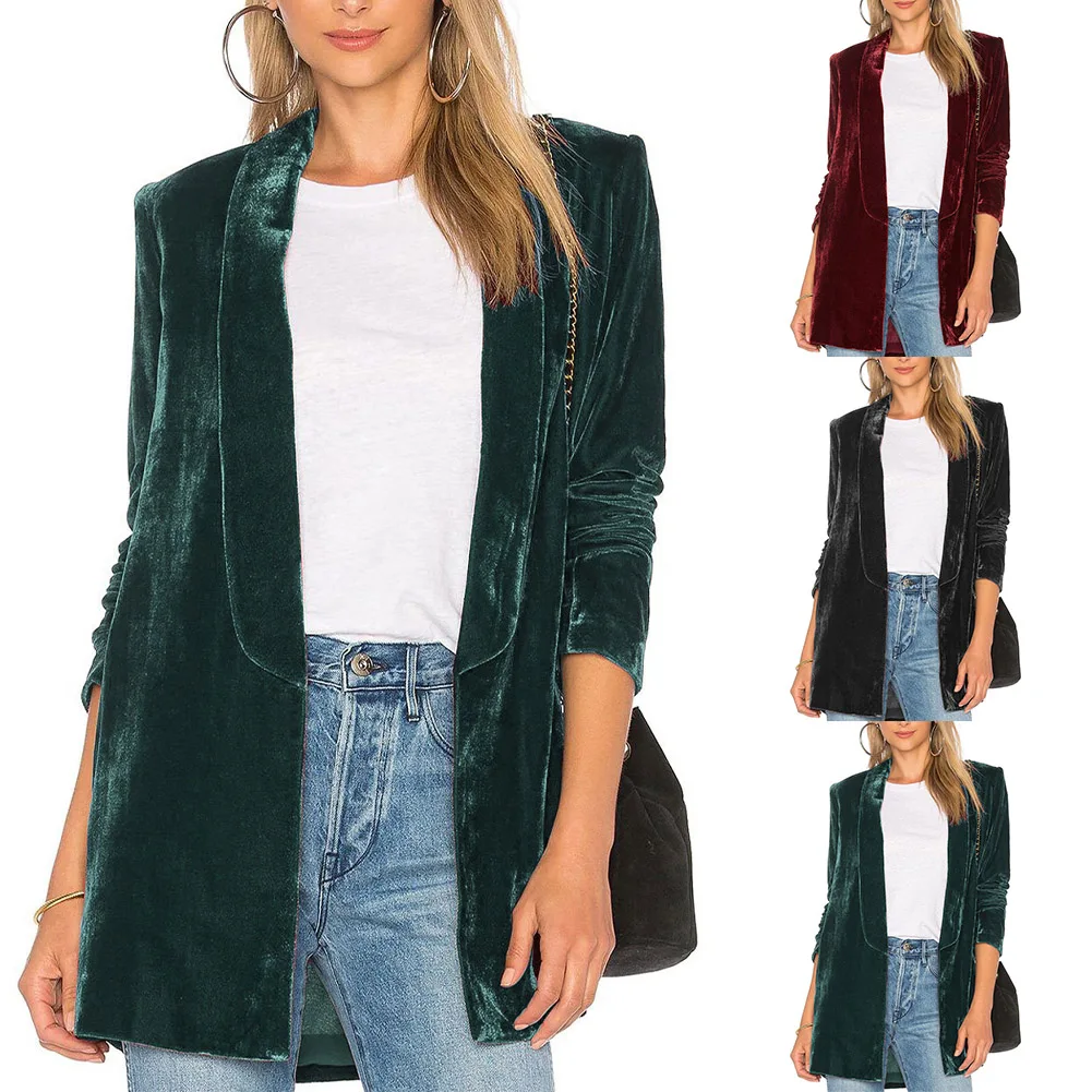 

Women Ladies Open Front Cardigan Blazer Suit Coat Velvet Vintage Shawl Collar Jacket Long Sleeve Solid Color