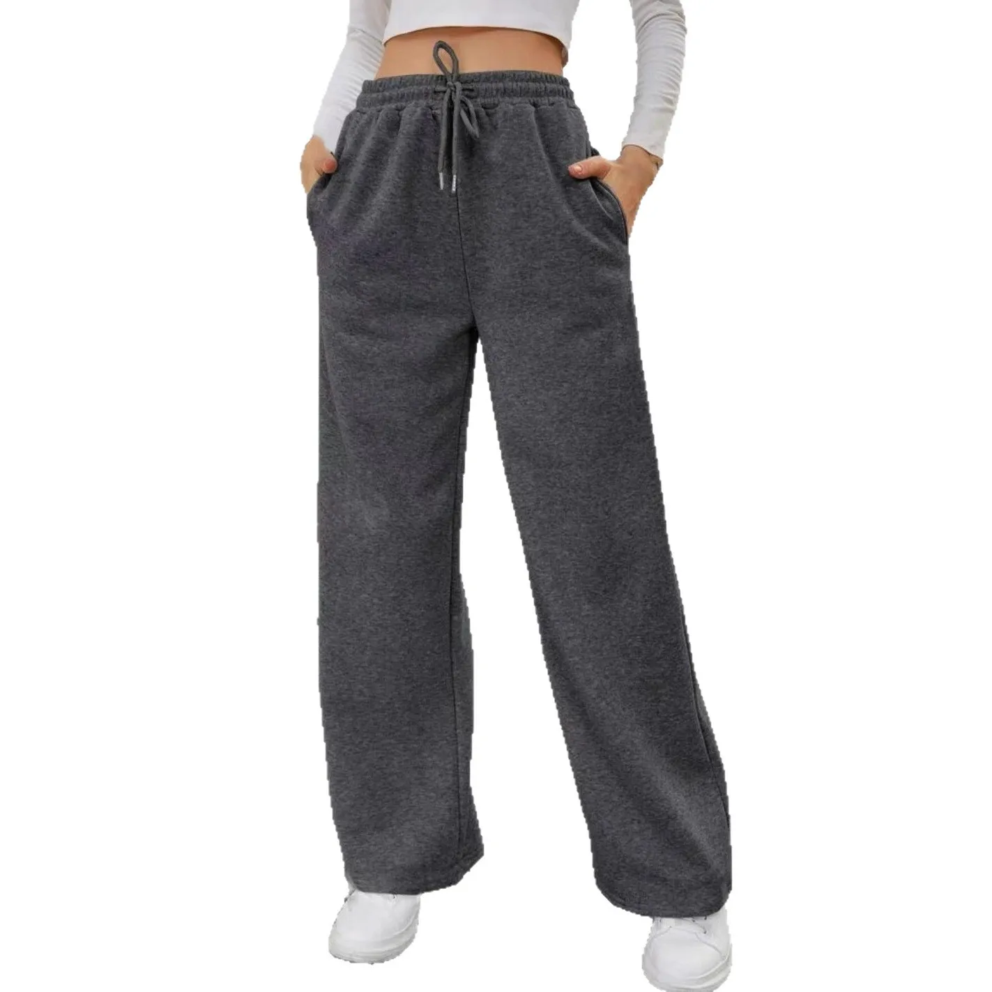 بنطال رياضي فضفاض كاجوال سميك عالي الخصر للنساء لموسم الخريف والشتاء بنطال مريح من ألياف البوليستر