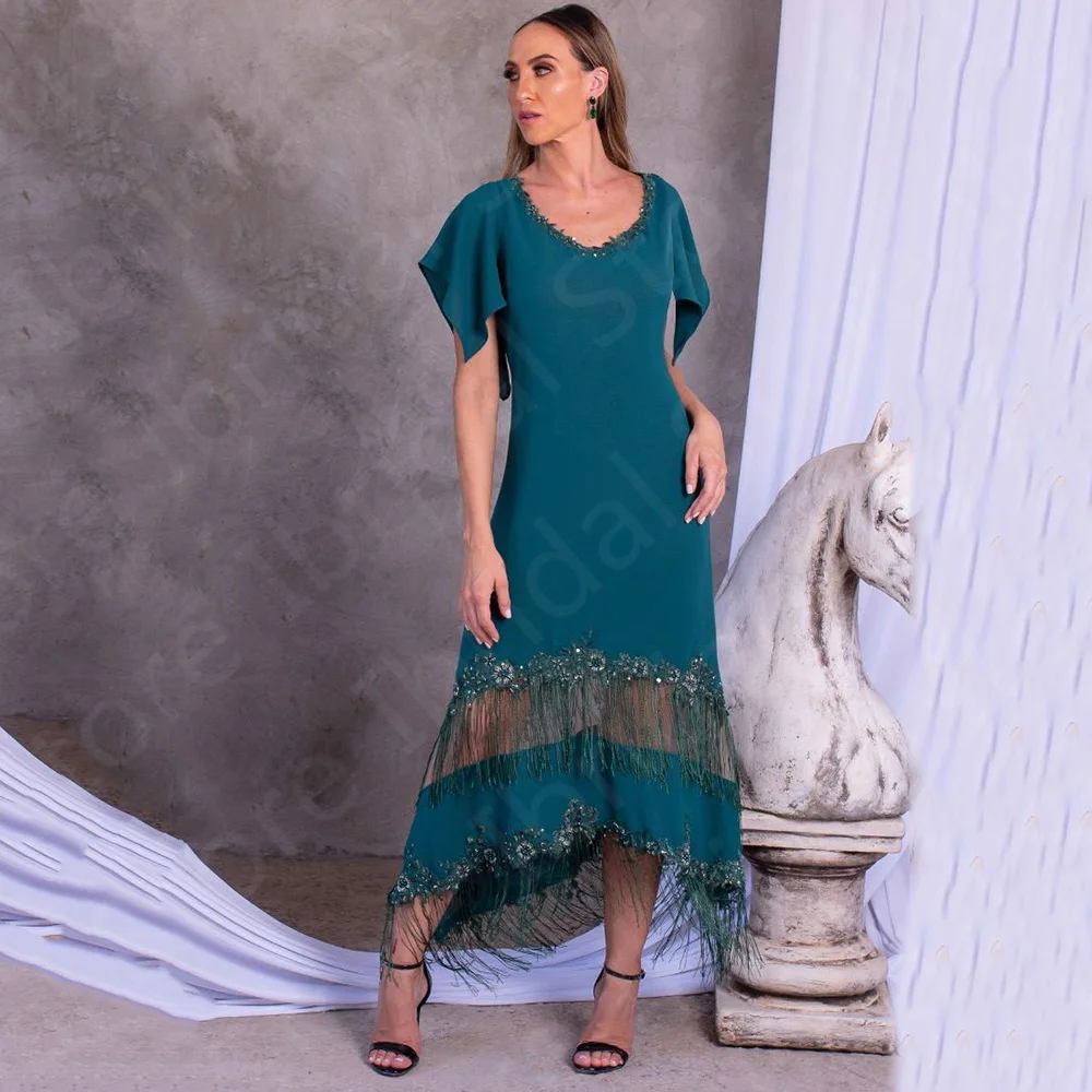 

Vintage Teal Blue Mother of the Bride Dress Arabic 2024 High Low Mother Gowns Short Sleeve V Neck Wedding Party Dresses Feathers