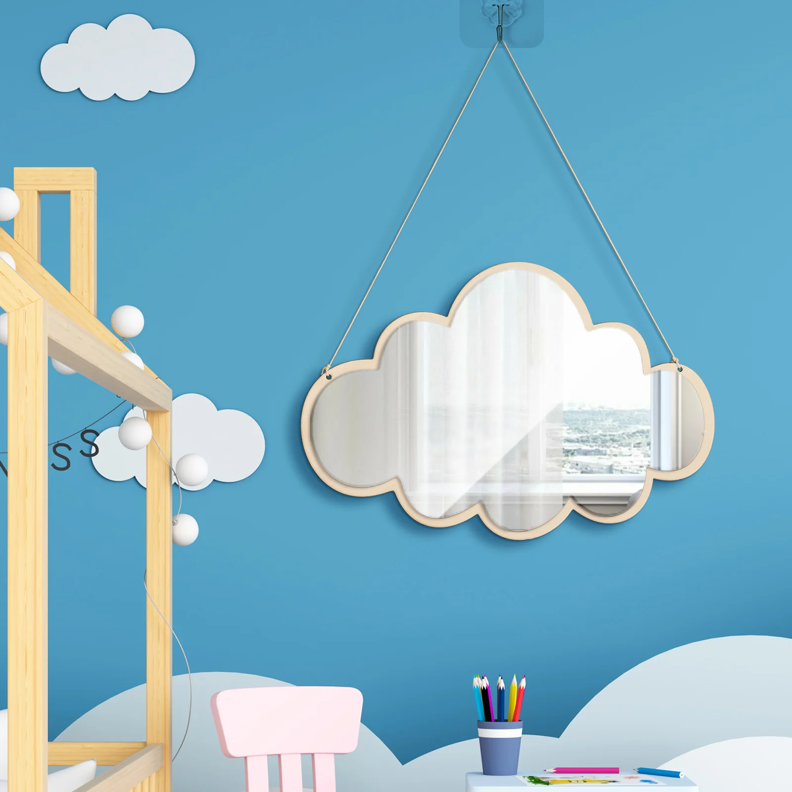 

1pc Wooden Children Mirror Acrylic Unbreakable Shatterproof Kids Room Decor Non Glass Cloud Shape Vanity Wall Sticker