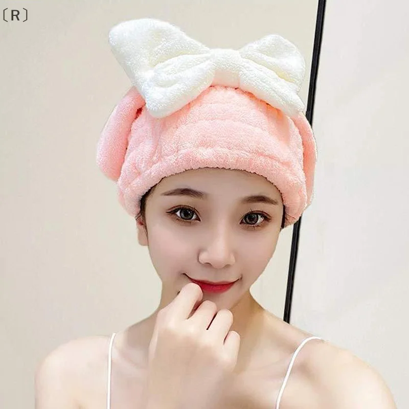 〔R〕Coral Velvet Hair Drying Towels Super Absorbent Turban Hair Towel Cap Quick Dry Head Wrap Bow-Knot Shower Cap For Wet Hair