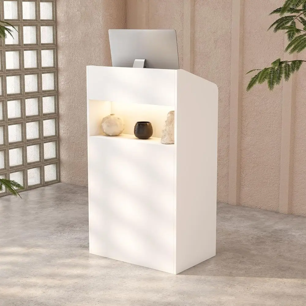 

Contemporary 23.2 Wide White Reception Desk with LED Lights, Cable Management, and Storage for Salons and Shops