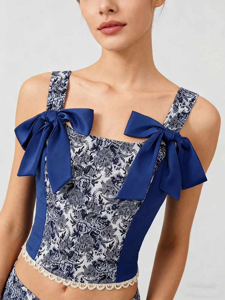 

Pop New Elegant Ethnic Style Floral Printed Blue Slim Camisole Tops With Bow Lace Trim Vest Feminine Clothes All Match Sexy Part