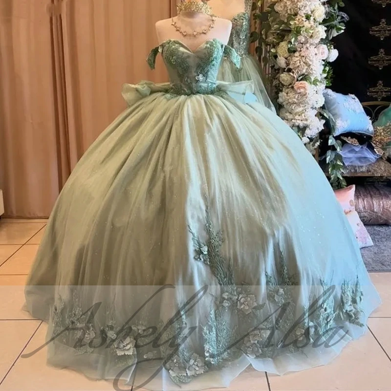 Customized Sage Green Women Birthday Party Dress Dance Queen Cap Sleeve Flower Applique Bow Vestido xv Quinceanera Prom Wear