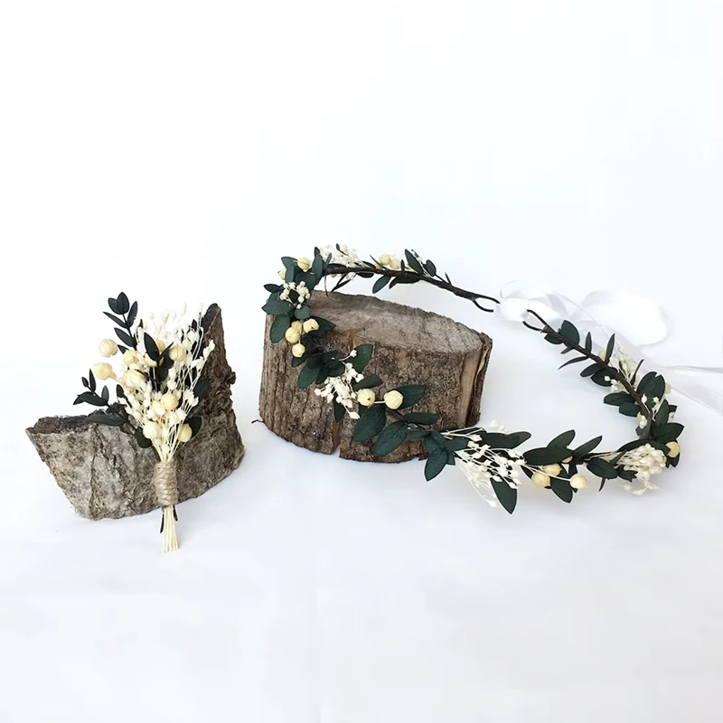 Handmade Eucalyptus Baby\'s Breath Bride Crown Woodland wedding Gypsophila Dried Flower Crown Bridesmaid Flower Girl Decoration