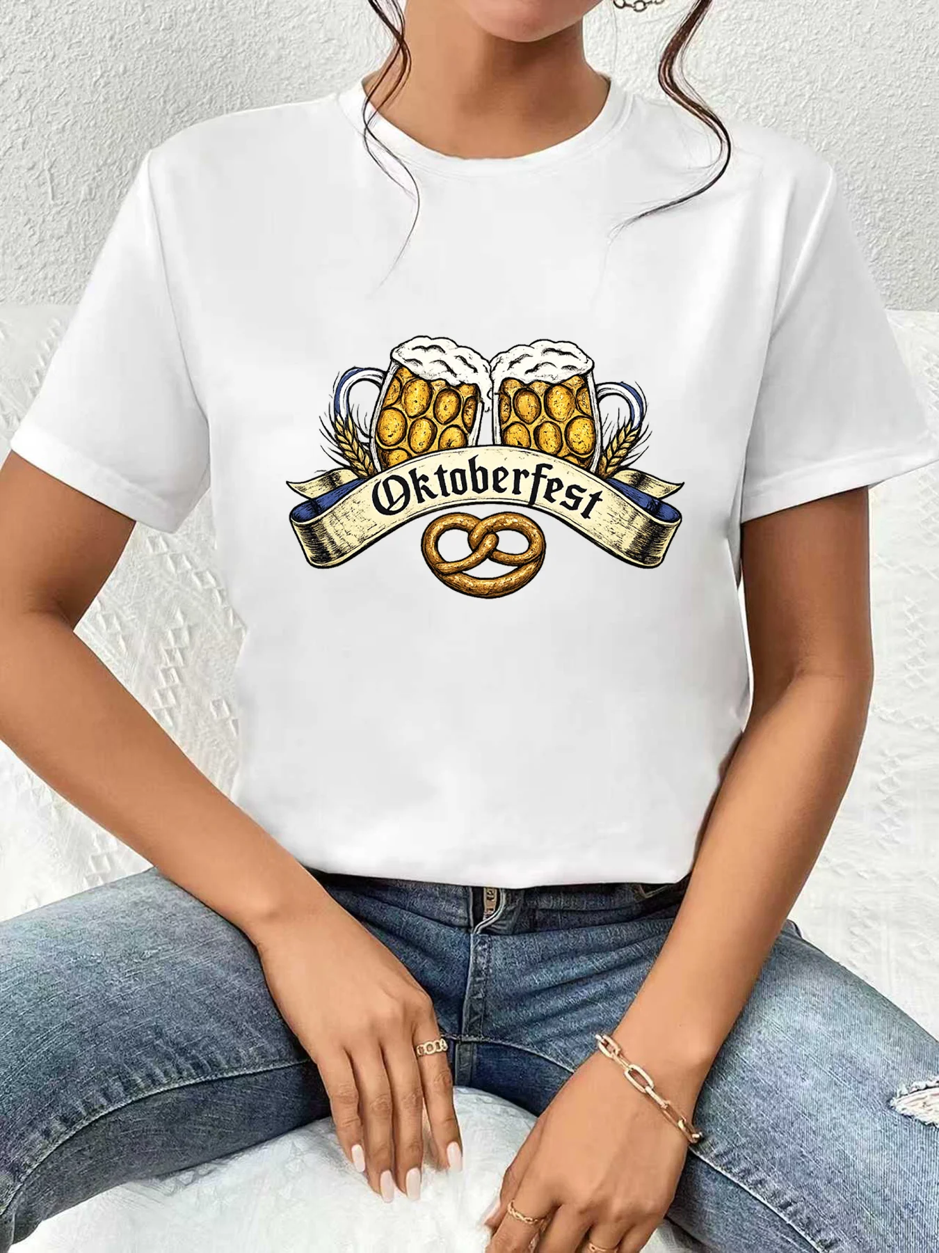 

【WDS03150】Женская футболка с круглым вырезом и принтом в виде пивных бутылок, больших размеров, летняя, повседневная, с короткими рукавами, модная, универсальная.