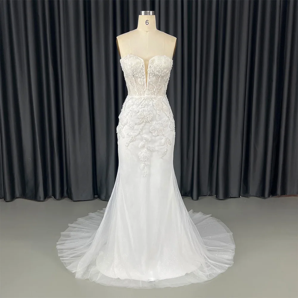 

Chic Strapless Lace Up Mermaid Wedding Dress 2026 Gorgeous Customized Princess Court Train Bridal Gown vestidos de novia HX92
