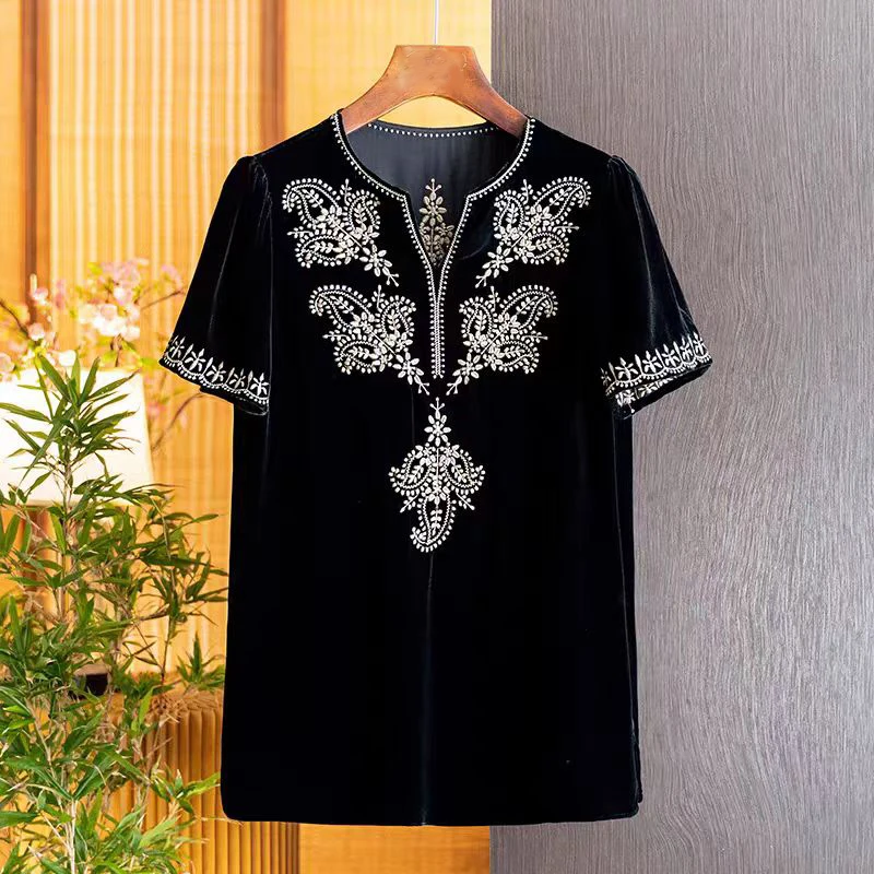 

High Quality V-Neck New Chinese Silk+Velvet Fabric Embroidered Fashionable And Elegant Short Sleeved Women's Top S-XL