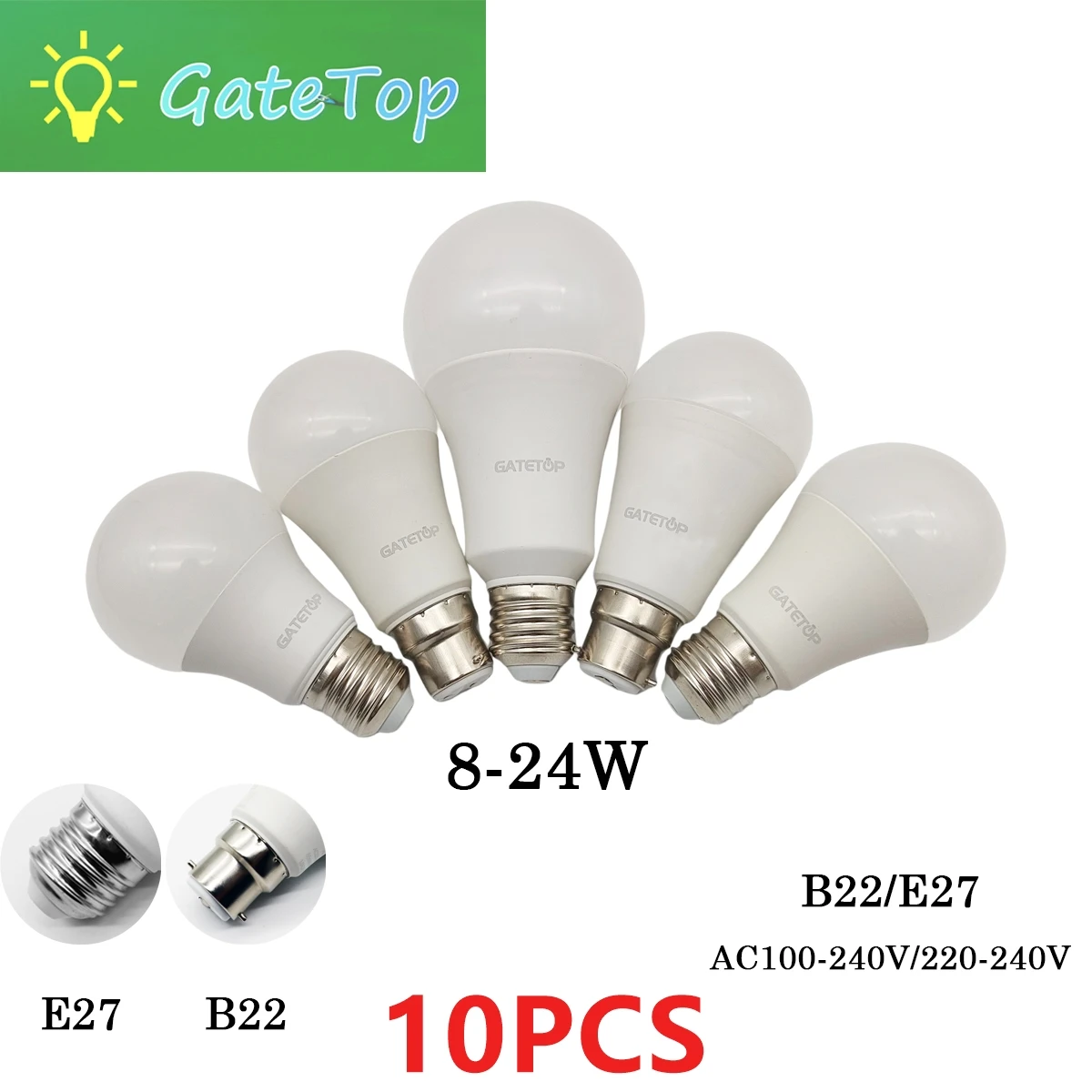 가정용 LED 전구 램프, E27, B22, AC110V, AC220V, 실제 전원 8W, 9W, 10W, 12W, 15W, 18W, 20W, 24W, 따뜻한 흰색 램프, 10 개