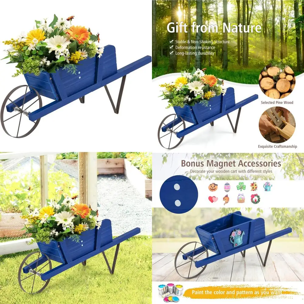 

Wooden Planter Wagon with Small Wheels for Flowers, Suitable for Indoor and Outdoor Use, Featuring 9 Magnetic Accessories and Tw