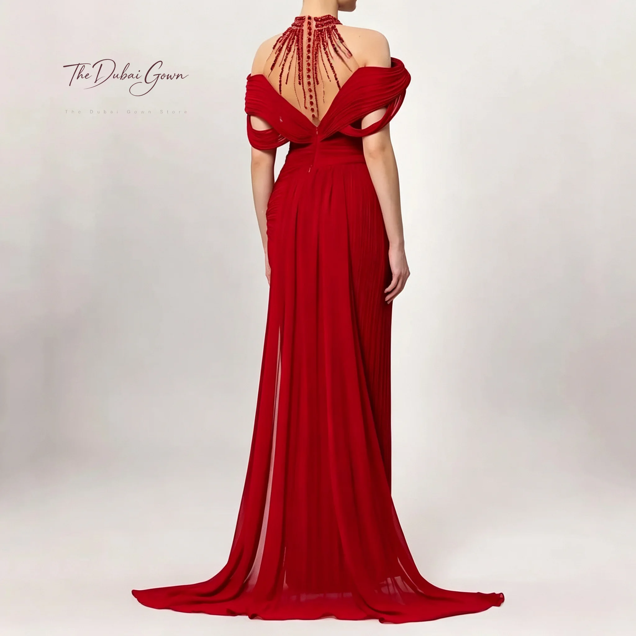 Red necktie off-the-shoulder cardigan sleeveless fish-tail floor-length formal occasion ball gown with crystal pleated frills
