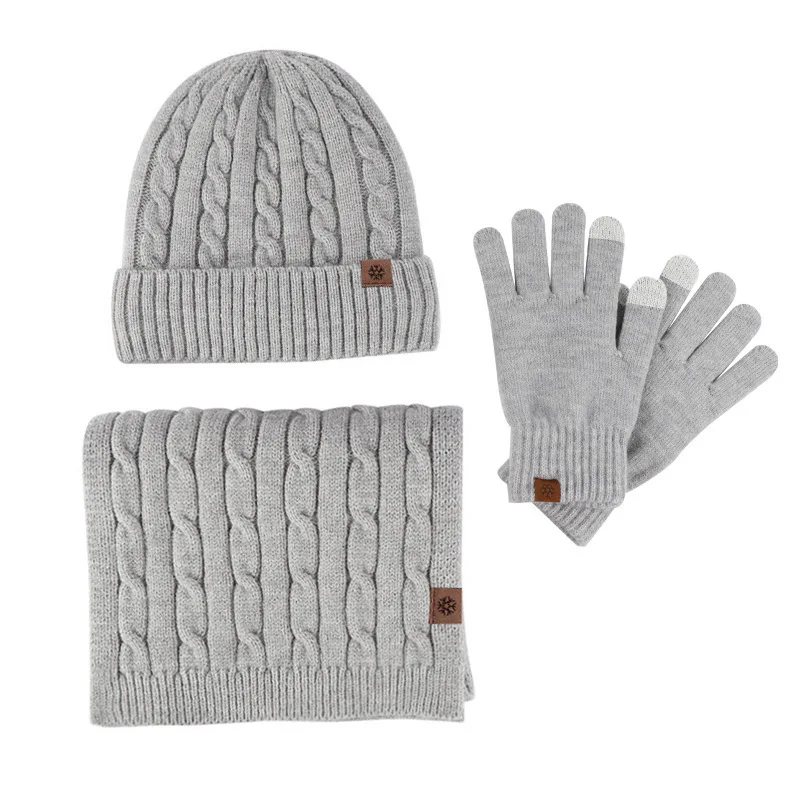 Conjunto de guantes de lana para hombres y mujeres, gorro de lana cálido, bufanda larga, calentador de cuello, guantes de pantalla táctil, 3 en 1,