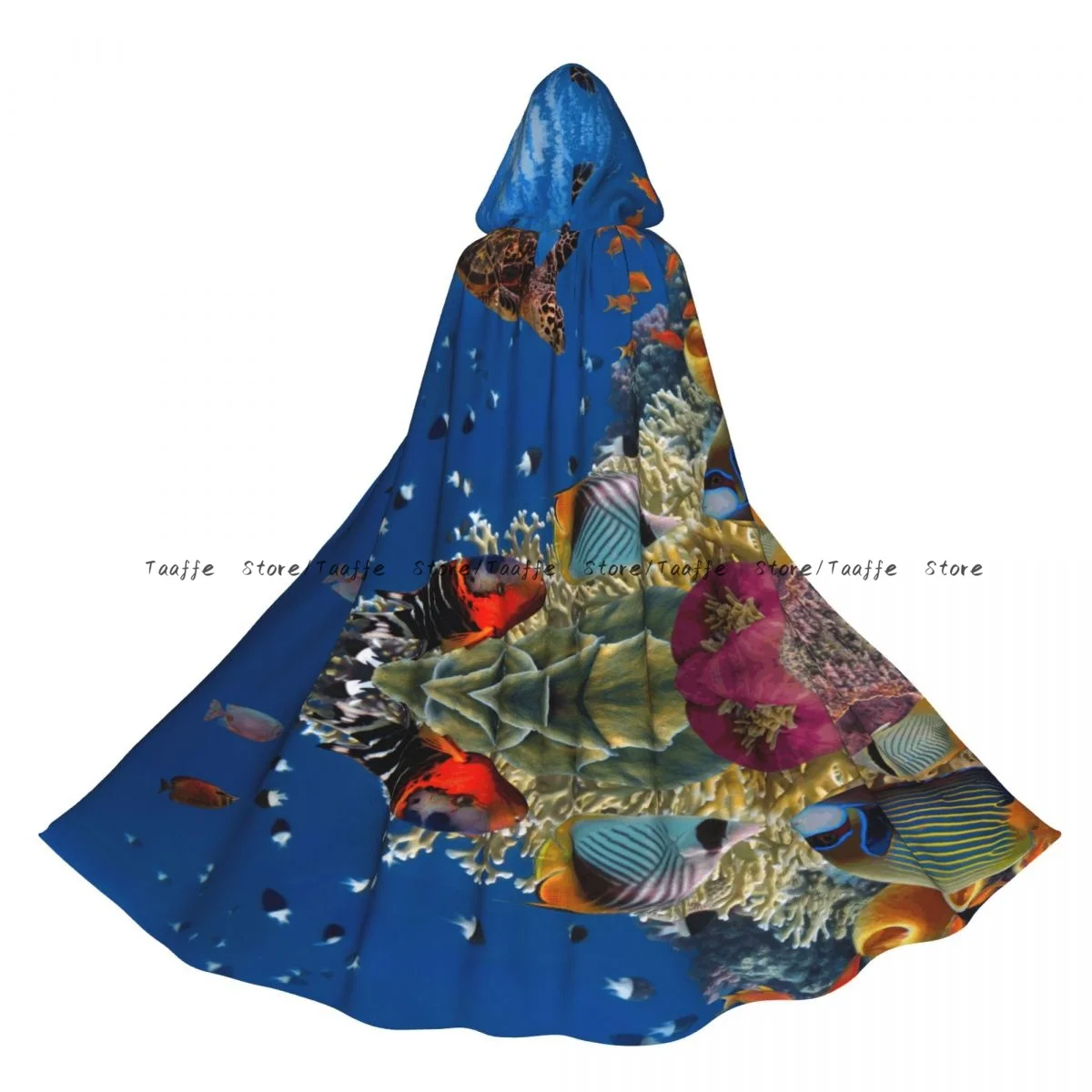 

Средневековый плащ для косплея, пальто с капюшоном, коралловый риф, накидка с множеством рыб и морской черепахой, длинный плащ, плащ волшебника