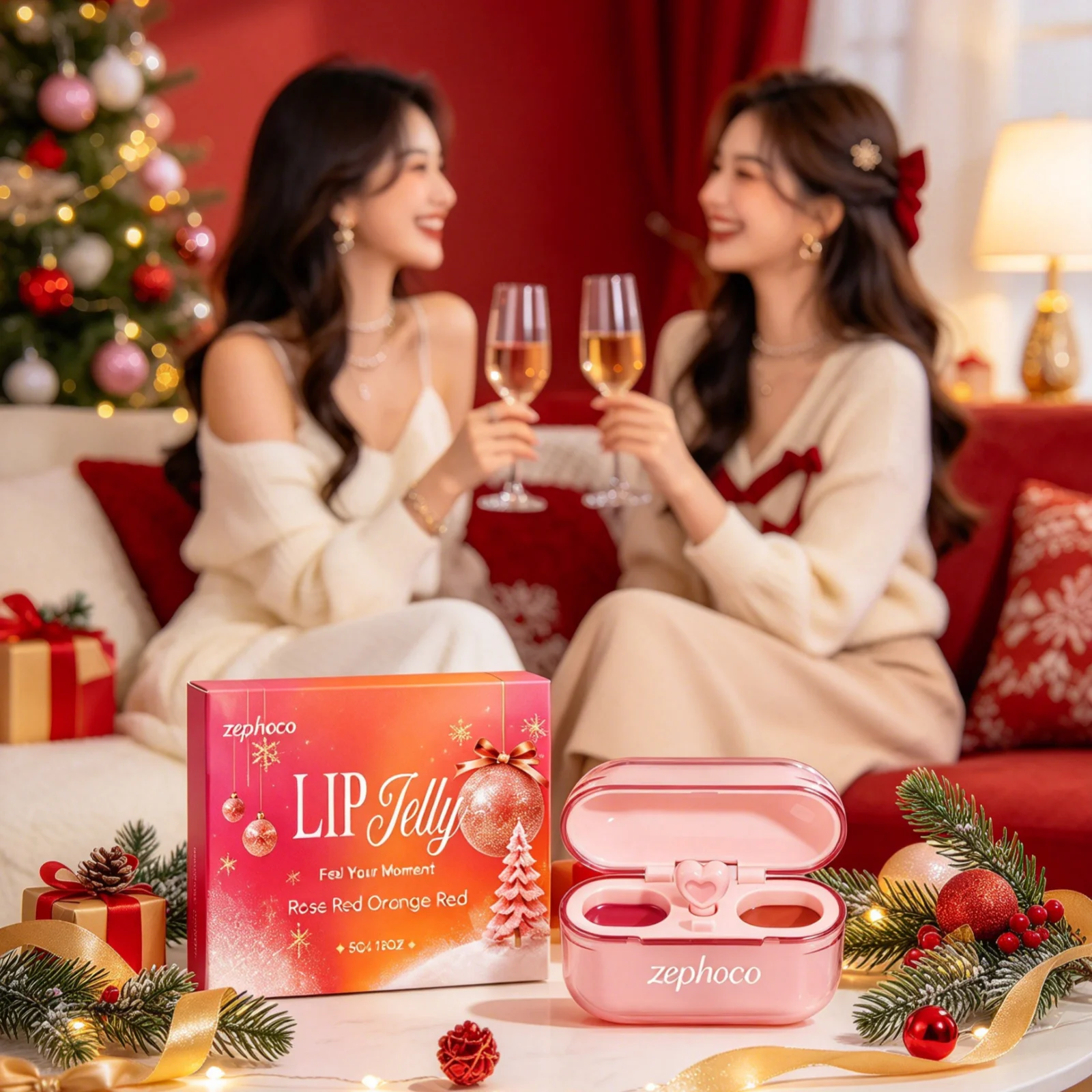 Zephoco Christmas Dual Color Lip Jelly Smoothing Fine Lines Improve Drying Skin Nourishing Long Lasting Moisturizing Lip Gloss