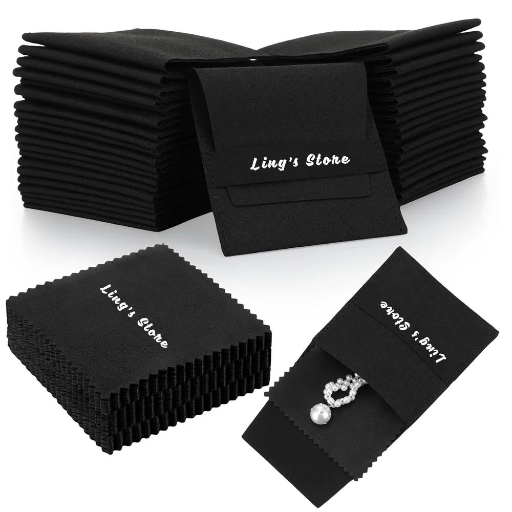 24/50/100 Custom Logo Black Microfiber Jewelry Pouch 8x8cm Gift Packaging Bag Luxury Envelope Style Packaging with Jewelry Clean