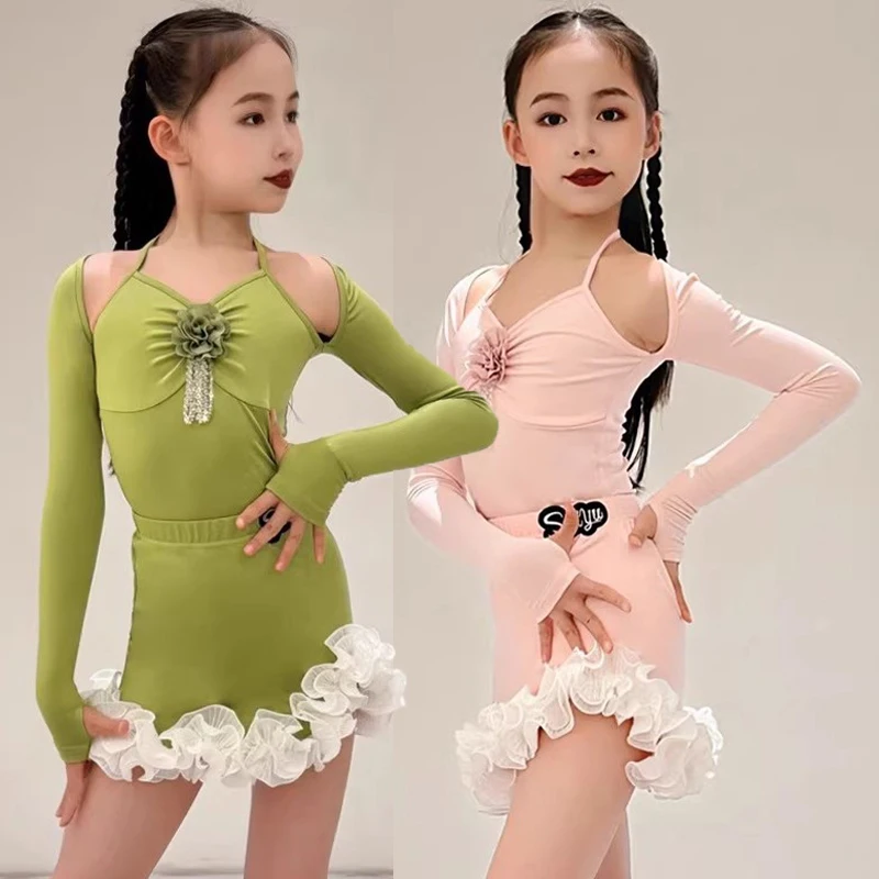 

Детские костюмы для латинских танцев для девочек, облегающее платье с открытыми плечами, костюмы для профессиональных тренировок, танцевальные костюмы для соревнований