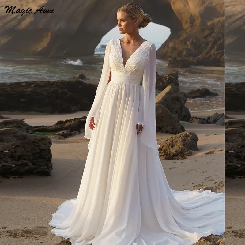 

Magic Awn Chiffon Beach Wedding Dresses For Women Long Sleeves Illusion V-Neck Simple Boho Bridal Gowns Vestidos De Novia 2024