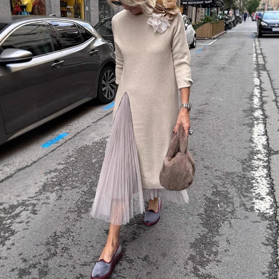 2026 Women's Crew Neck Knitted Split Split Mesh Casual Dress
