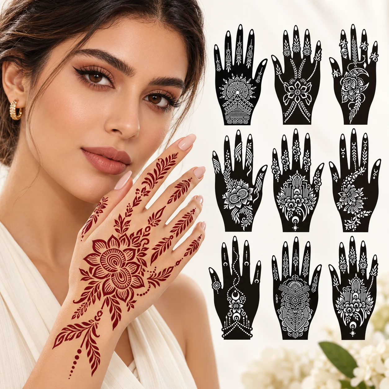 Reusable Henna Tattoo Stencils Set Floral Mandala Hand Tattoo Templates DIY Body Art Painting Tools for Hand Arm Skin Decoration