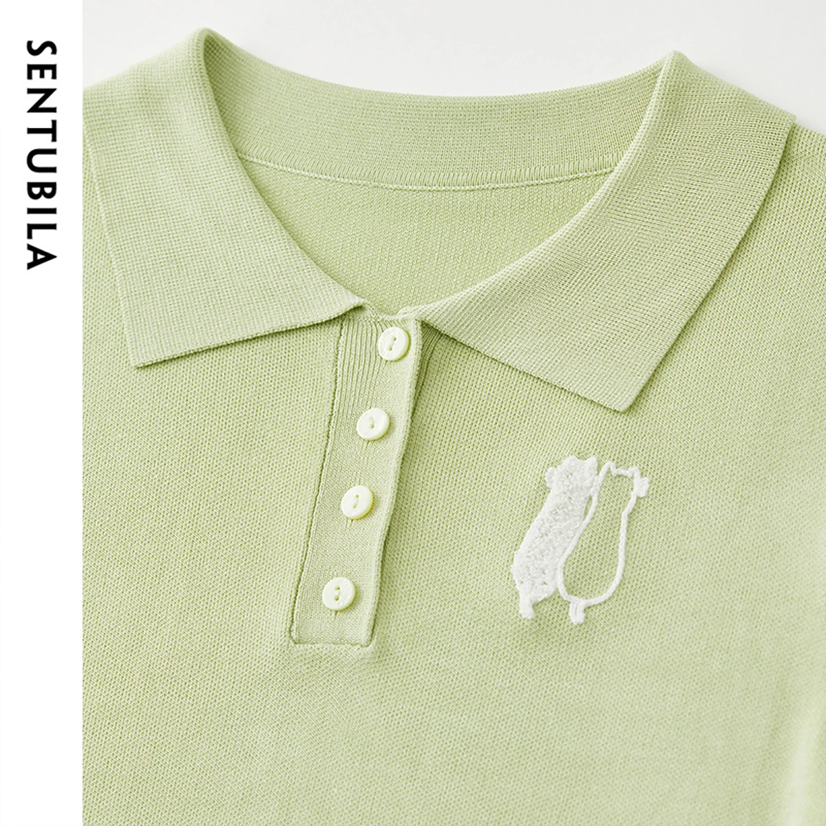 SENTUBILA Knitted Womens Polo Neck T-shirt 2025 Spring Summer Embroidery Straight Solid Fashion Short Sleeve Tops W52H80021