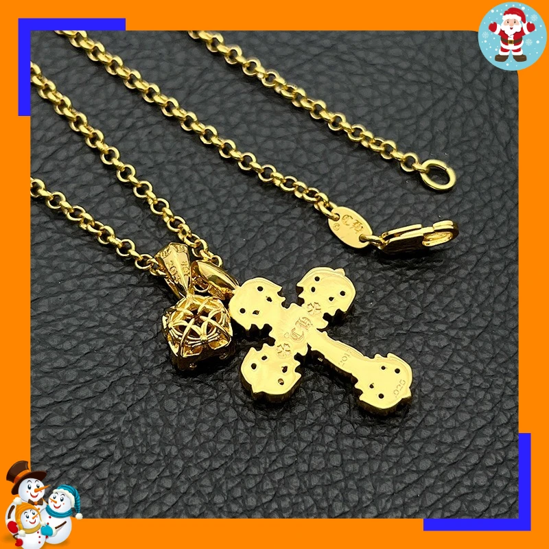 Premium Sense Golden Flame Cross Sugar Cube Diamond Set Double Pendant Necklace Personality Explosion Classic Trend