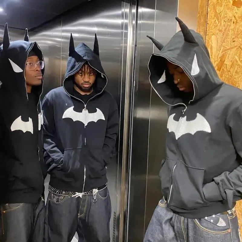 Y2K Zip up Flocking Hip Hop Streetwear Goth Men Sweatshirt Couple Street Hoodie Harajuku Bat Animation Fashion Trend Hoodie Top