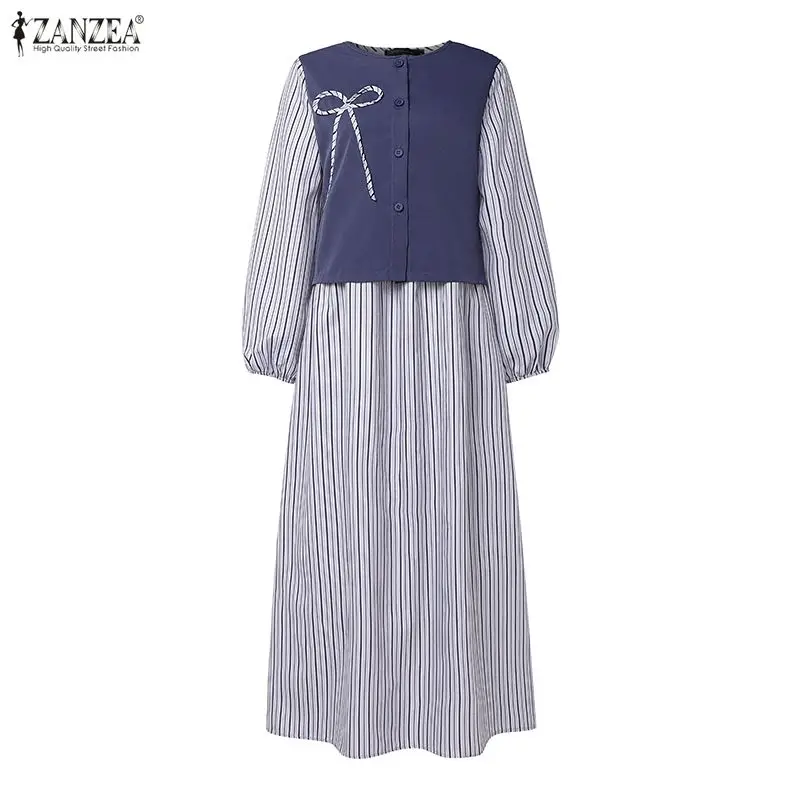 Robe longue maxi à rayures printanières ZANZEA, robe musulmane patchwork, robe abaya, robe de Ramadan, kaftan, robe décontractée à manches longues