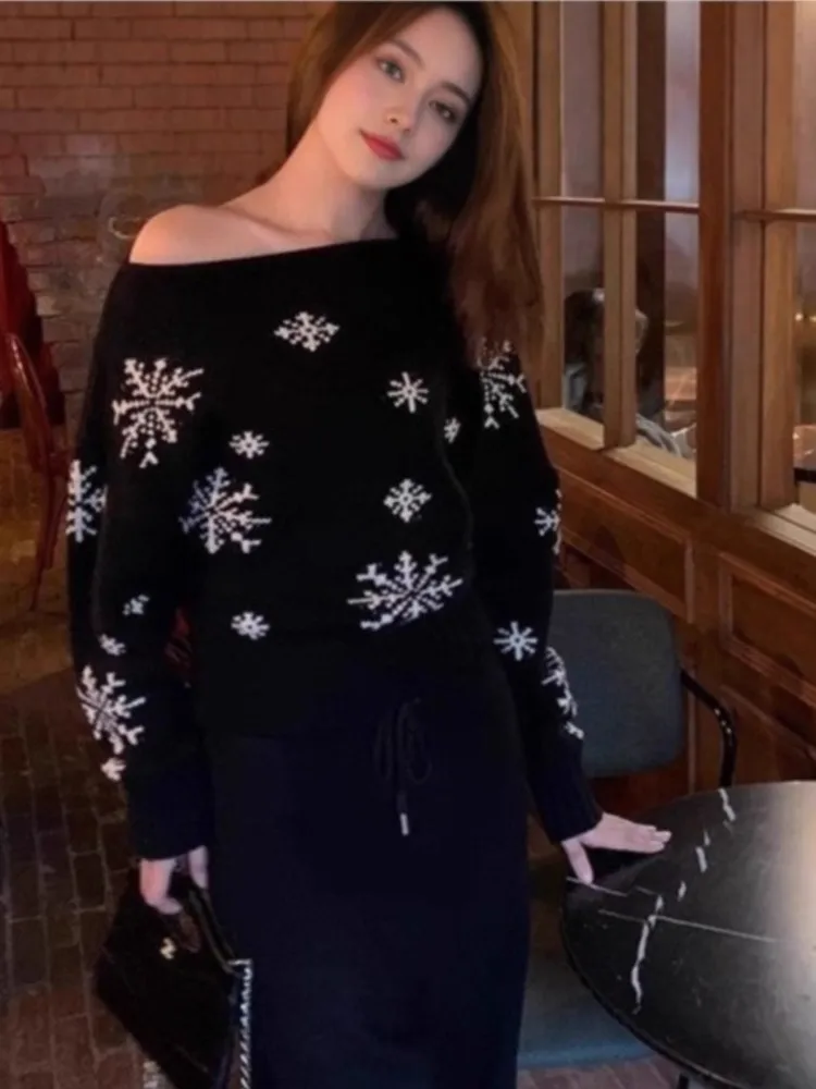 

One Line Neck Winter Clothes Woman Pulls Femmes All-match Simple Style Sweater Comfortable Christmas Knitted Pullover Snowflake