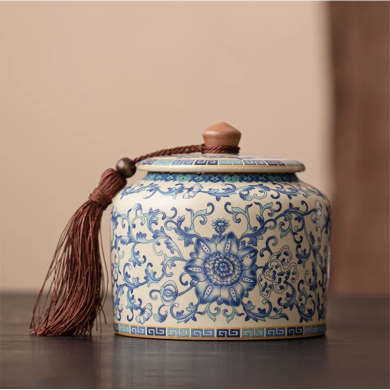 Tarro de hoja de té de cerámica, tarro de porcelana azul y blanca para dulces, caja de almacenamiento multifuncional para el hogar, granos de café, nueces y hierbas, decoración del hogar