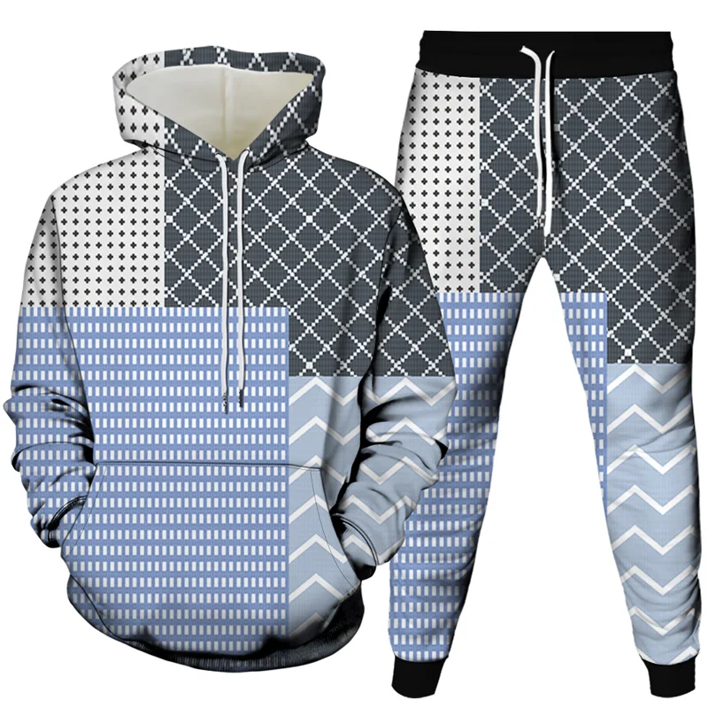 

Colorful Square Stripe Pattern Printing Men Women Outdoor Casual Tracksuit Clothes Unisex Hoodies Pants 2pcsSet Oversized S-6XL