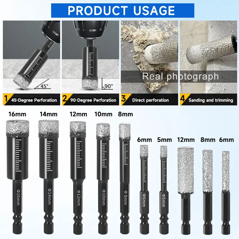 Diamond Drill Bit and Grinding Rod Set 10PC for Ceramic Tile Glass Marble Hexagonal Shank Dry and Wet Use Size 5-16mm