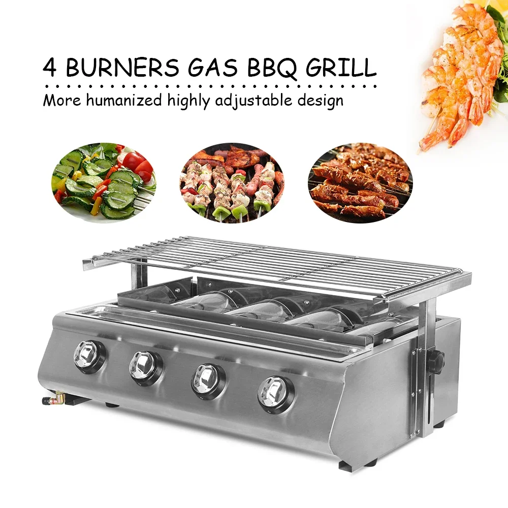 LXCHAN 4 Burners BBQ Grill LPG Gas Grill Smokeless Glass Shield Stainless Steel For Outdoor Picnic Barbecue Adjustable Height