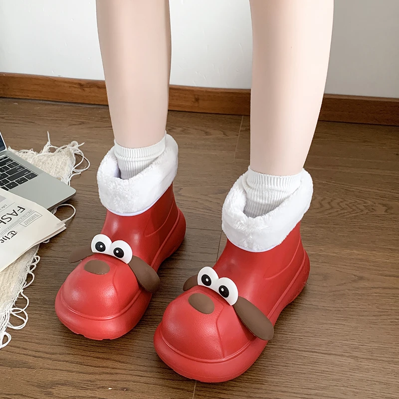 

Женские ботильоны из хлопка Eva с милой мультяшной собакой, зимние теплые короткие плюшевые непромокаемые ботинки 2025 года, нескользящие непромокаемые ботильоны на мягкой подошве