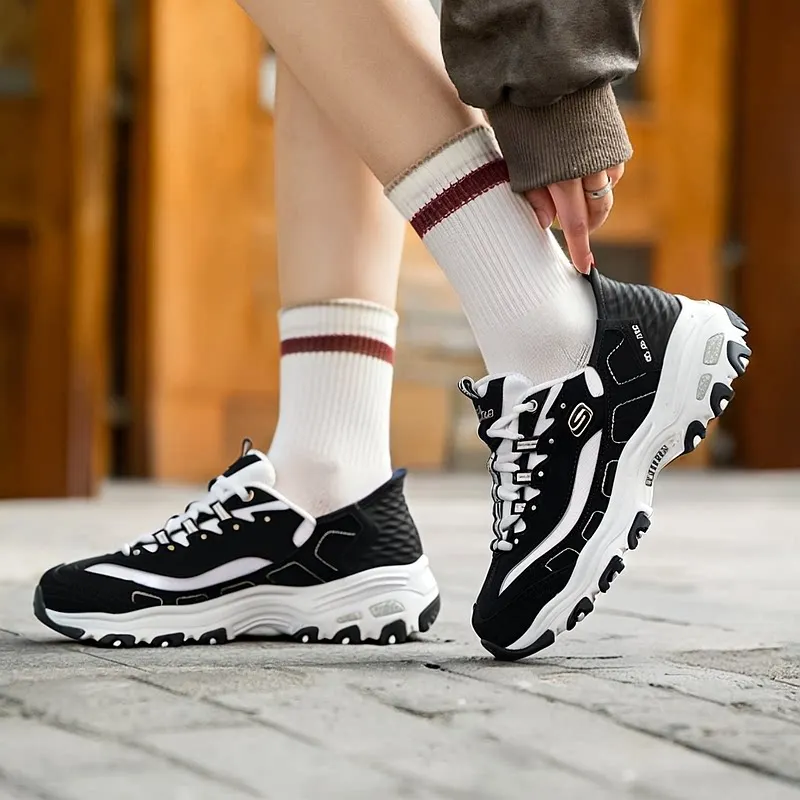 Womens Casual Chunky Sneakers 150030-BKW Black White Two Tone Overlay Panels Retro Bulky Sole Heel Collar Easy Slip On Walking S