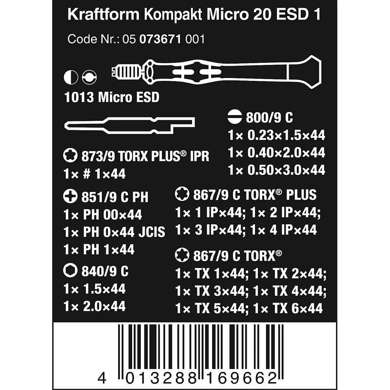 WERA 05073671001 Kraftform Kompakt Micro 20 ESD 1 Antistatic Precision Screwdriver High Quality Materials Exquisite Workmanship