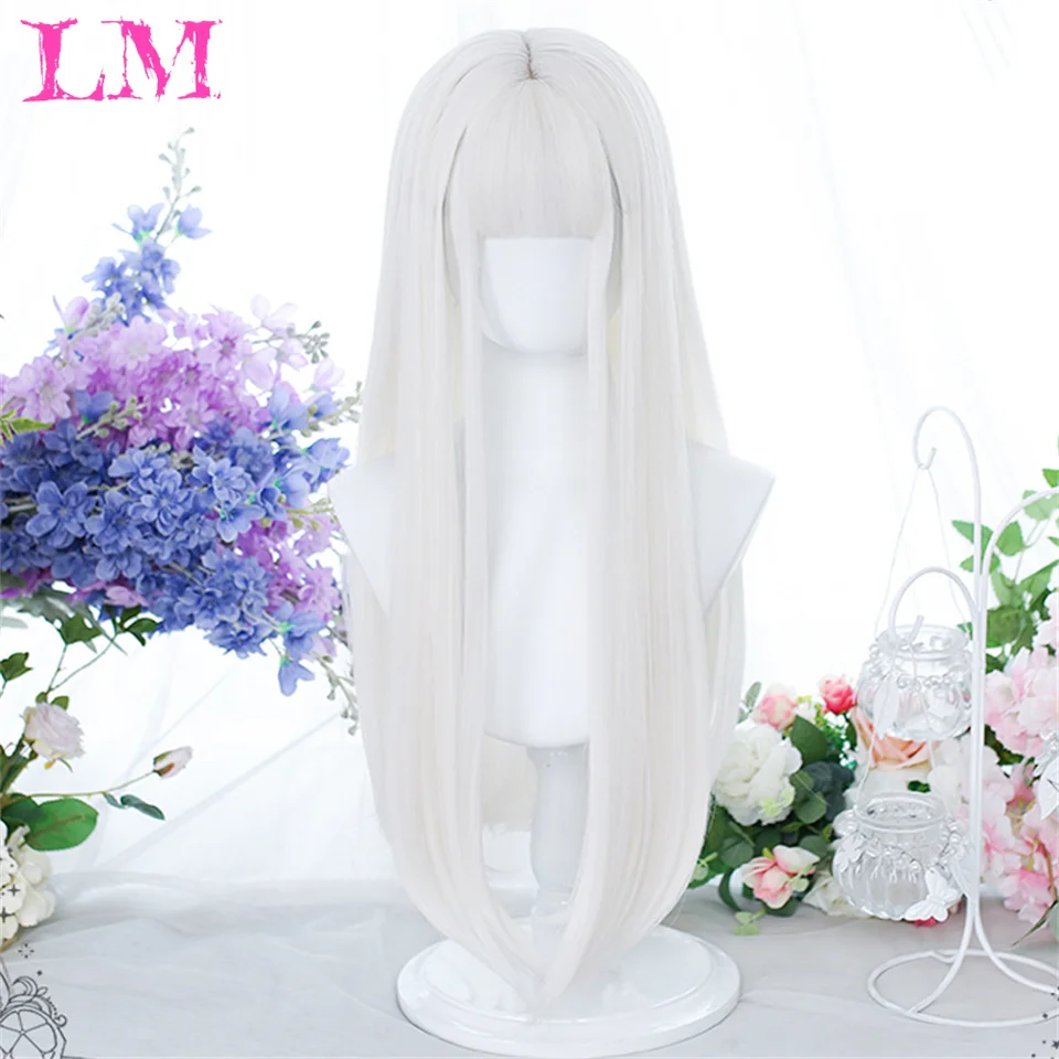 LM Long Straight White Wig With Bang Synthetic Wigs for Women Heat Resistant Natural Hair for Daily Halloween Cosplay Party