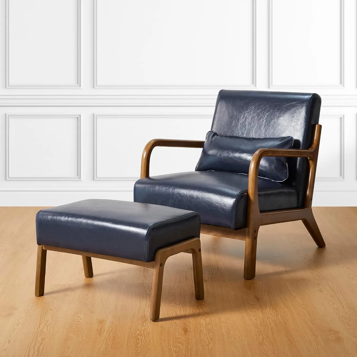 Leatherette Accent Chair & Ottoman Set with Walnut Rubberwood Legs & High Back for Living Room Lounge Navy Blue, Customized