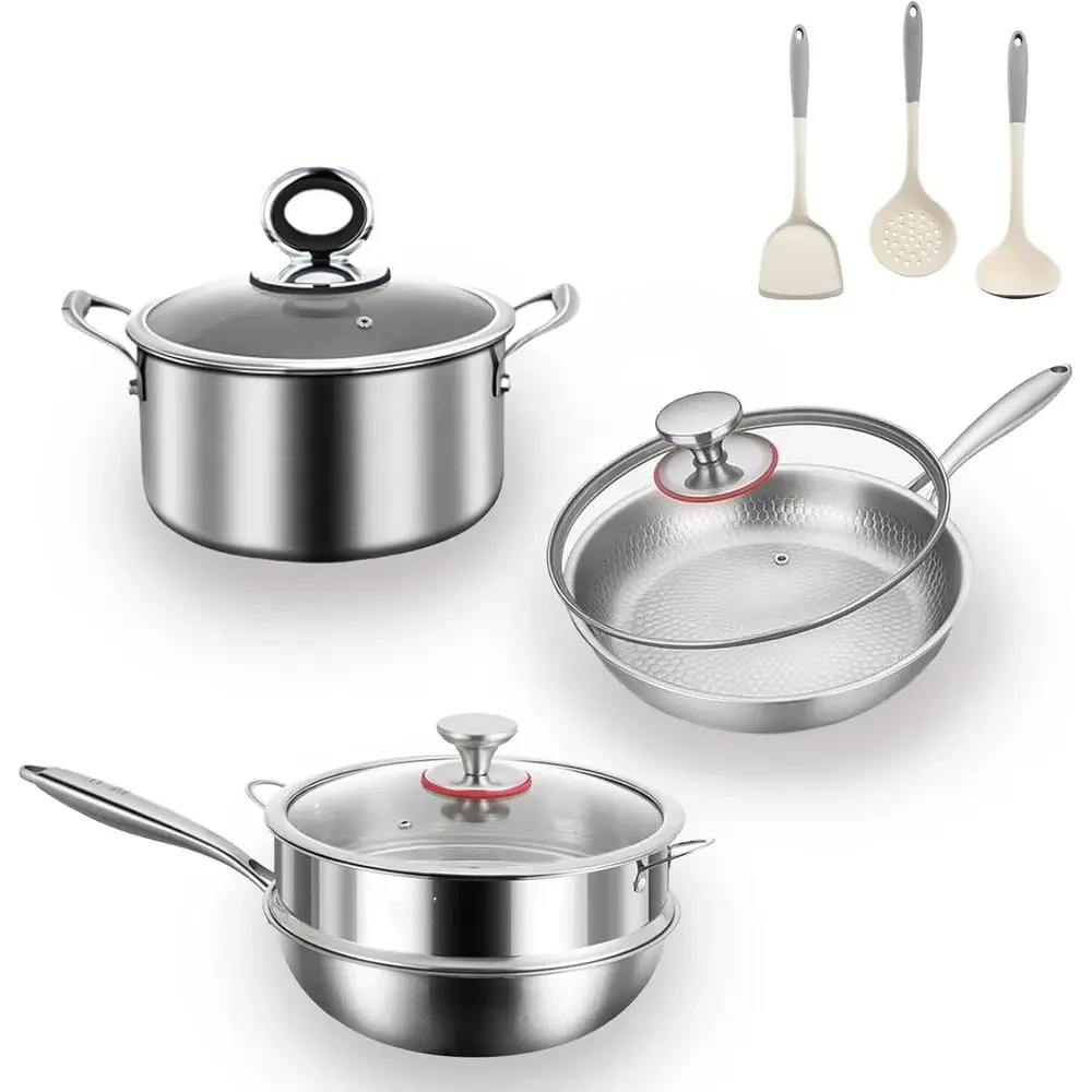 3-Piece Hammered Nonstick Cookware Set: Pan, Soup Pot, Wok with Steamer, Even Heat, All Cooktops Compatible