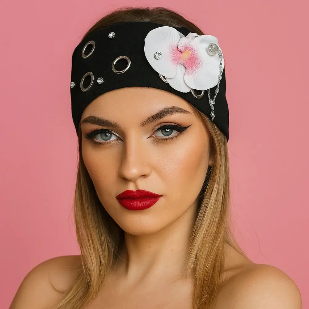 

Hibiscus Butterfly Orchid Knitted Hairband Hollow Out Y2K Flower Elastic Headband Wide Side Breathable