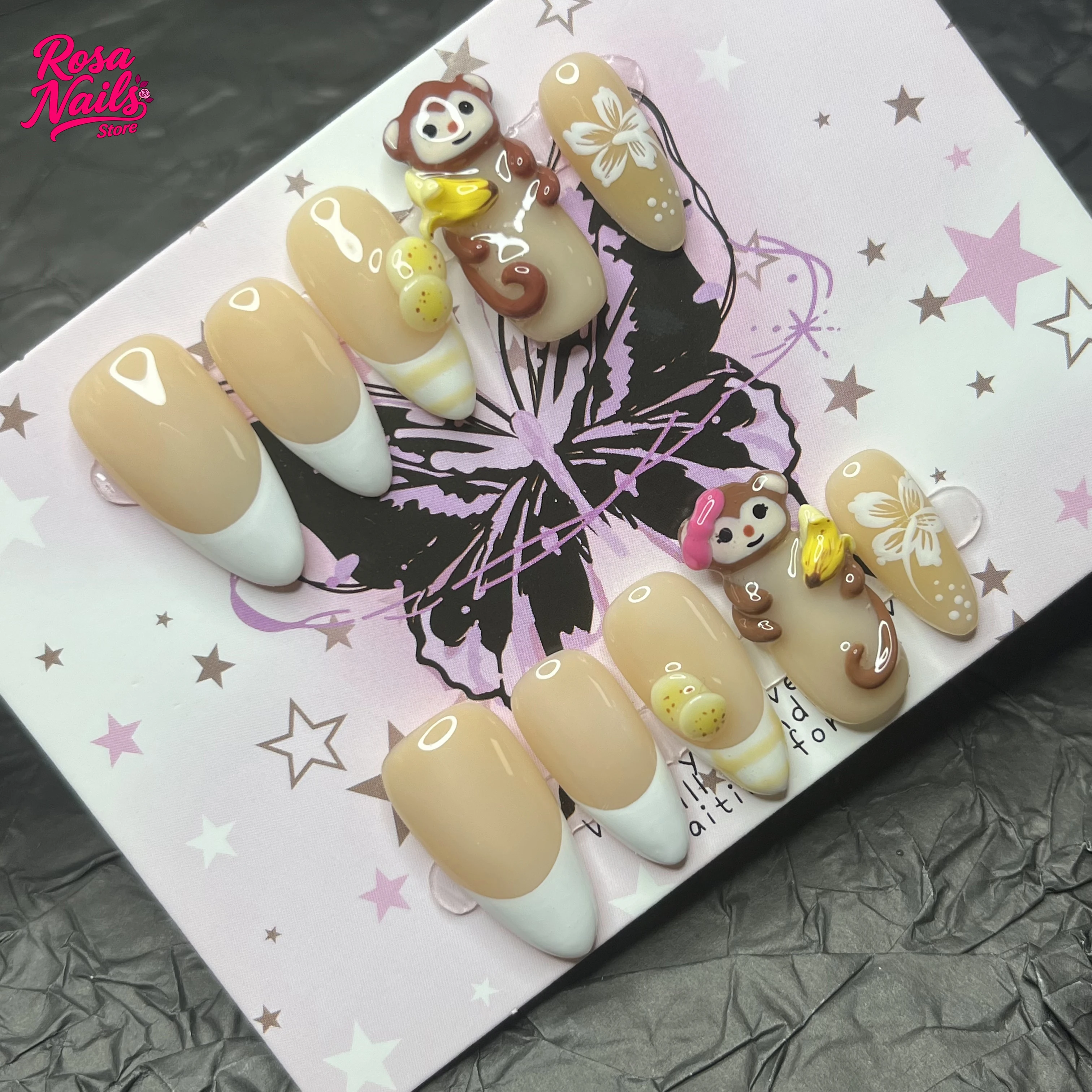 

10pcs Handmade Press on Nails 3D Monkey Nail Press ons Almond Acrylic Short Y2k French Tips Nail Yellow Cute Kawaii Monkey Nails