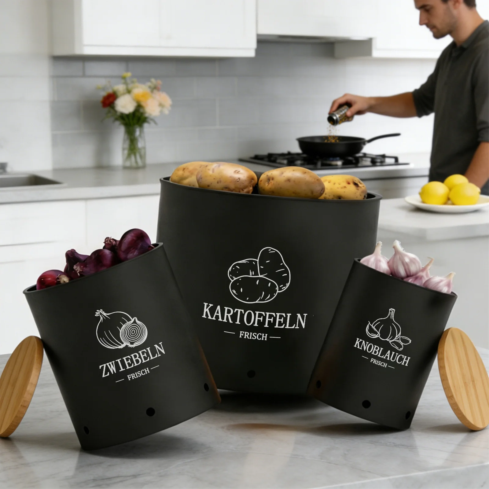 Ensemble de 3 boîtes de rangement pour pommes de terre, oignons et ail avec couvercles en bambou, bacs de rangement pour légumes en métal ventilés, contenants alimentaires pour comptoir de cuisine, pour garder les légumes à racines frais