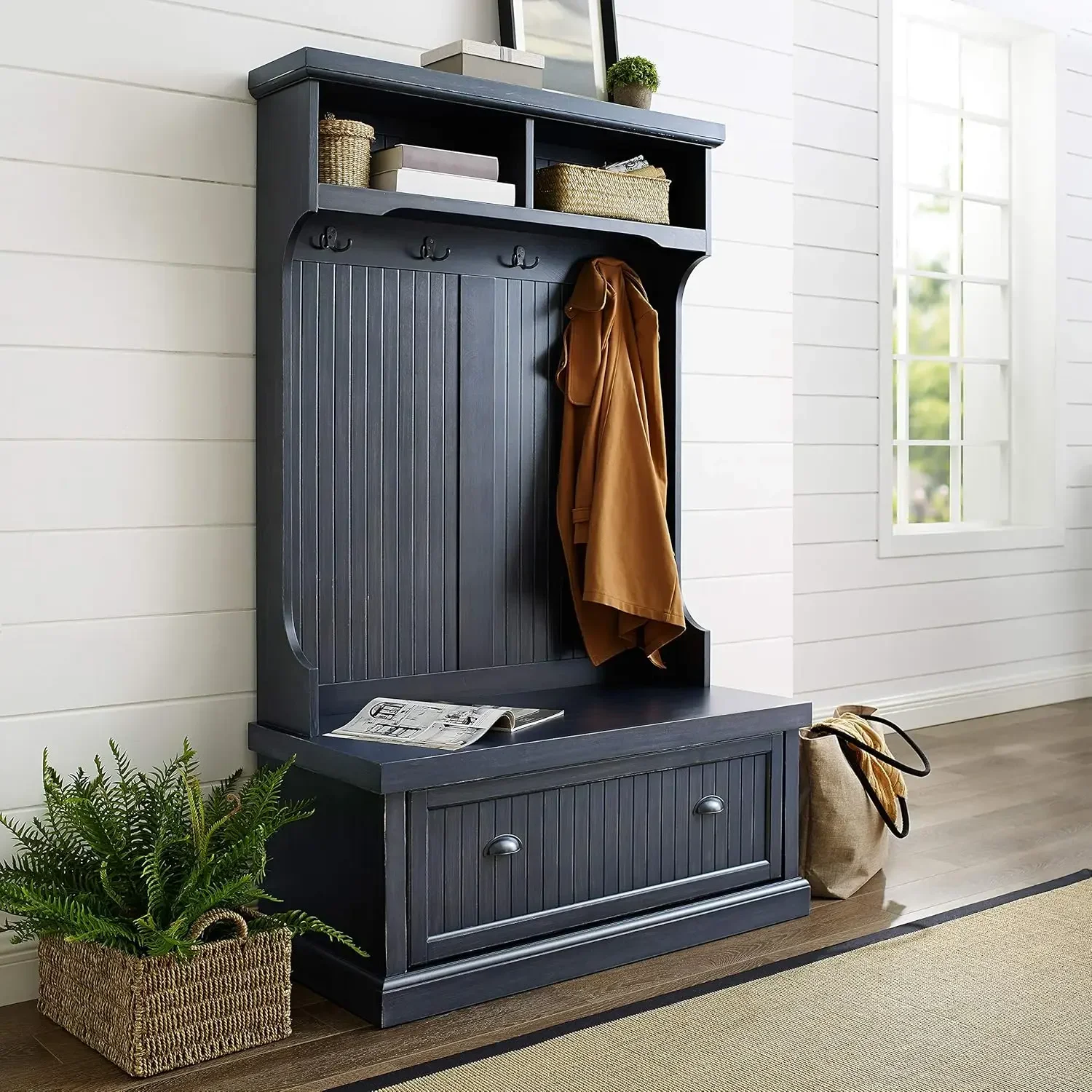 

Seaside Hall Tree, Entryway Bench with Coat Rack and Shoe Cabinet, Distressed Navy