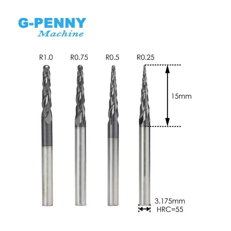 Customization Tapered Ball Nose End Mill R0.25/0.5/0.75/1.0 D=3.175 CNC Solid Carbide Coated Milling Cutter