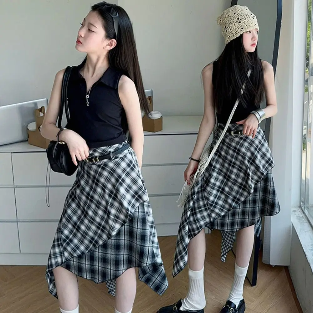

Cool Plaid Pleated Girls Clothes Set Short Sleeve Teens Kids Midi Skirt Set y2k Outfits Irregular Children Shorts Suit Students