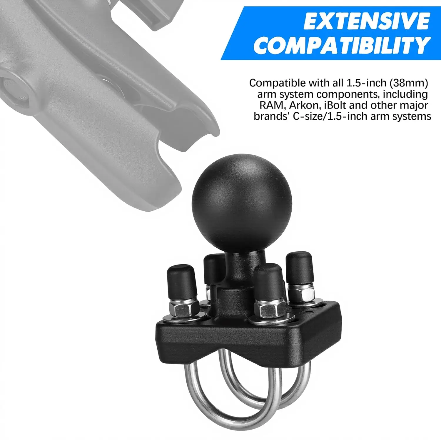Dual U-bolt Tube Handlebar Clamp Ram Mount with 1.5 Inch 38mm Ball C Size Socket Arm for AMPS Boat Lowrance Monitor Support